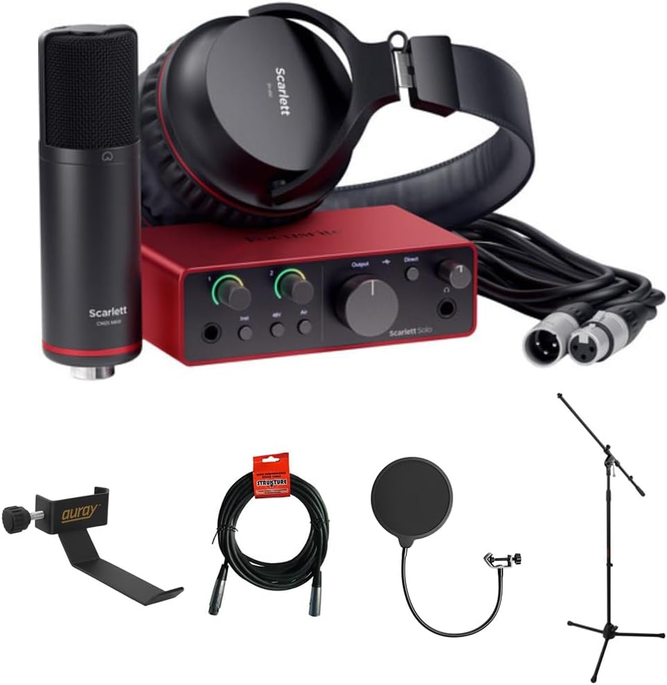 Focusrite Scarlett Solo Studio USB-C Audio Interface with Microphone and Headphones (4th Generation) Bundle with Clamp On Headphone Holder, Tripod Mic Stand + Boom, Kellopy Pop Filter &amp; XLR Cable