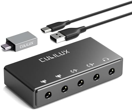 Cubilux CB5 USB Audio Interface for Recording, Streaming, Podcasting, USB to 3.5mm Sound Card with Stereo Microphone Input, Line-In, Line-Out & Headphone Jack for Monitors, Support Windows & Mac OS