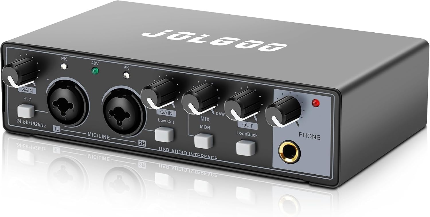 Jolgoo 2x2 USB Audio Interface, 24-Bit/192kHz Phantom Power Recording Card
