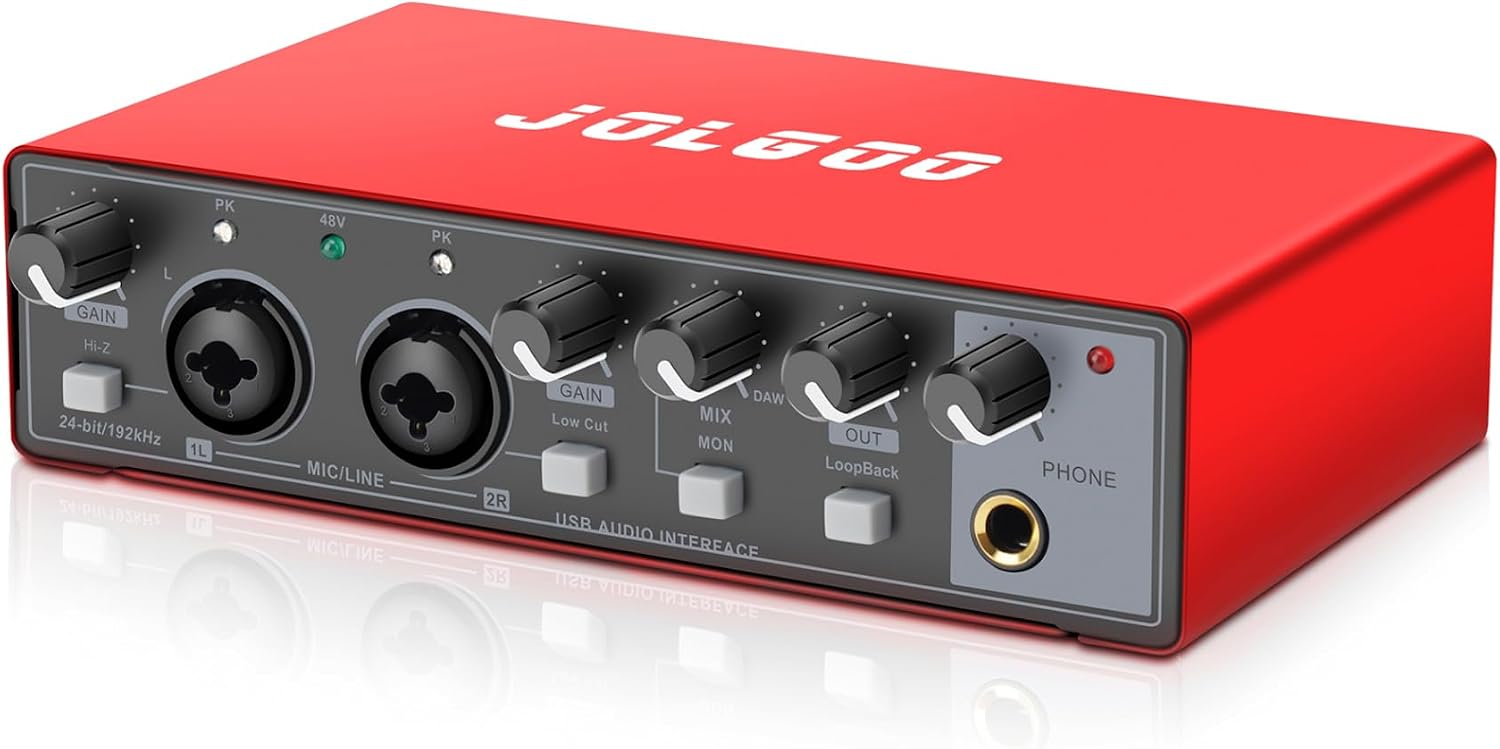 USB Audio Interface, Red 24-Bit/192kHz Plug &amp; Play Recording Sound Card