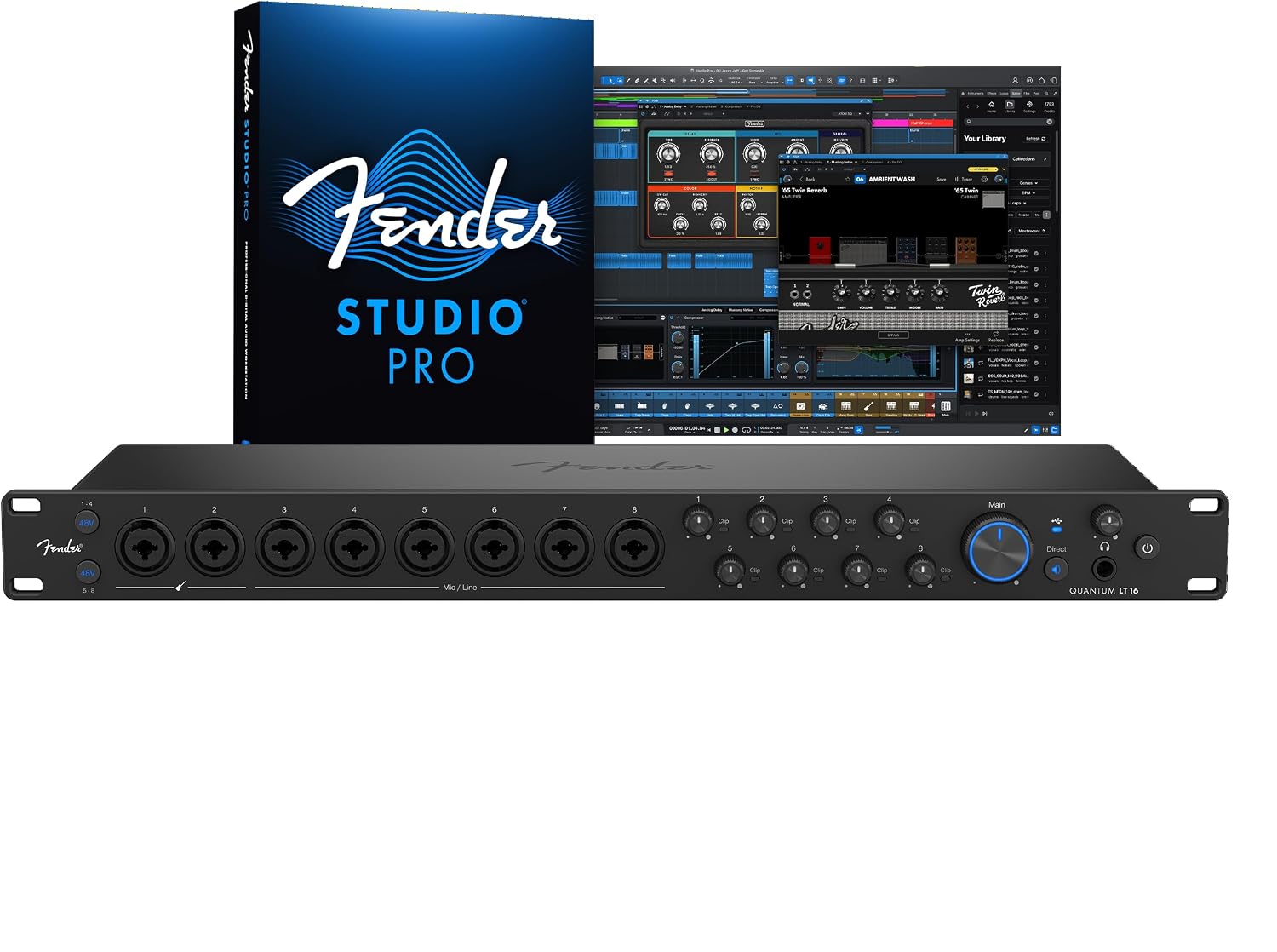 Fender Quantum LT 16, 16-in 8-out USB-C Audio Interface for Music Production, Eight MAX-HD Mic Preamps, 14 Line Inputs, Low-Latency Drivers, Loopback, Balanced Outputs, Headphone Amp, Mac and PC