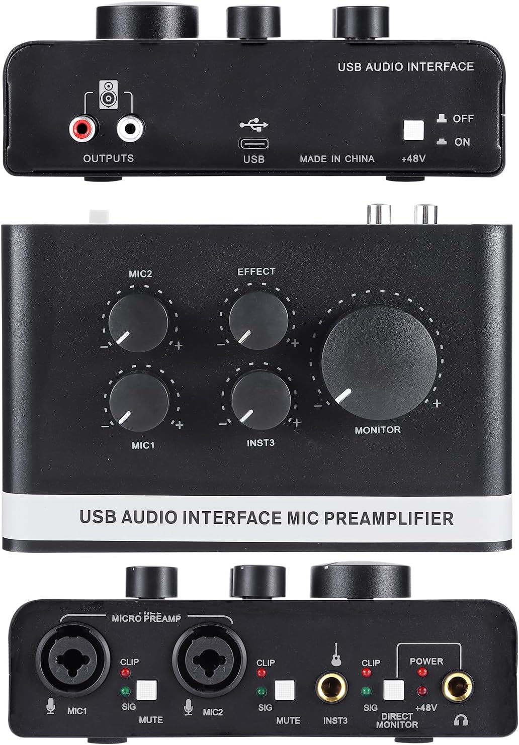 USB Audio Interface with 48V Phantom Power, XLR/TRS Inputs, USB C Recording Interface with Direct Monitor &amp; Echo Control, 48kHz Audio Interface for PC Mac iOS, Guitar, Mic, Podcast